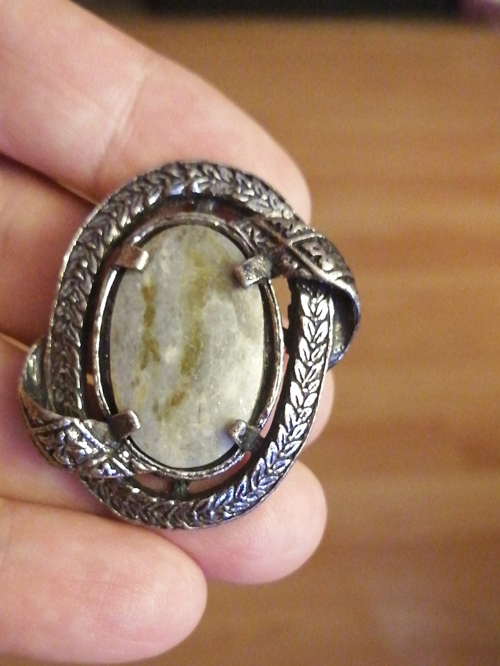 Miracle Celtic Style Silver-Tone Vintage Brooch with Olive-Green Oval Stone